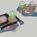 Colorful Multi Level Playground Equipment With Slides Wooden Platforms And Spherical Tops