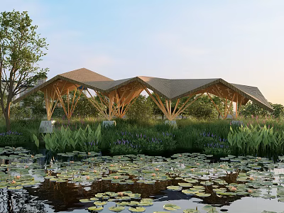 Modern Wooden Pergola Design With Natural Landscape Pond And Lotus Leaves 3d model
