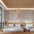 Hotel Guest Room with Bamboo Ceiling Hanging Lamps White Curtain Windows and Wooden Floor