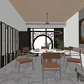 Modern Restaurant Interior With Round Dining Table Wooden Chairs And Circular Chandelier