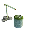 Natural Bamboo Water Spout Garden Ornament With Stone Basin And Decorative Rocks