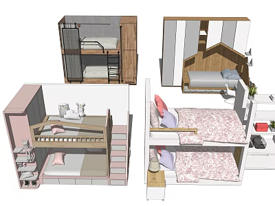 Modern Bunk Bed Design With Staircase Storage Cabinets And Cozy Bedding 3d model