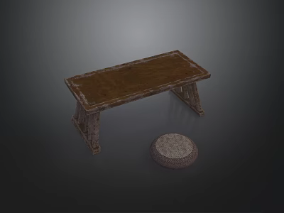 Rustic Wooden Table With Distressed Surface And Round Padded Stool For Home Decor 3d model