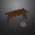 Rustic Wooden Table With Distressed Surface And Round Padded Stool For Home Decor 3d model