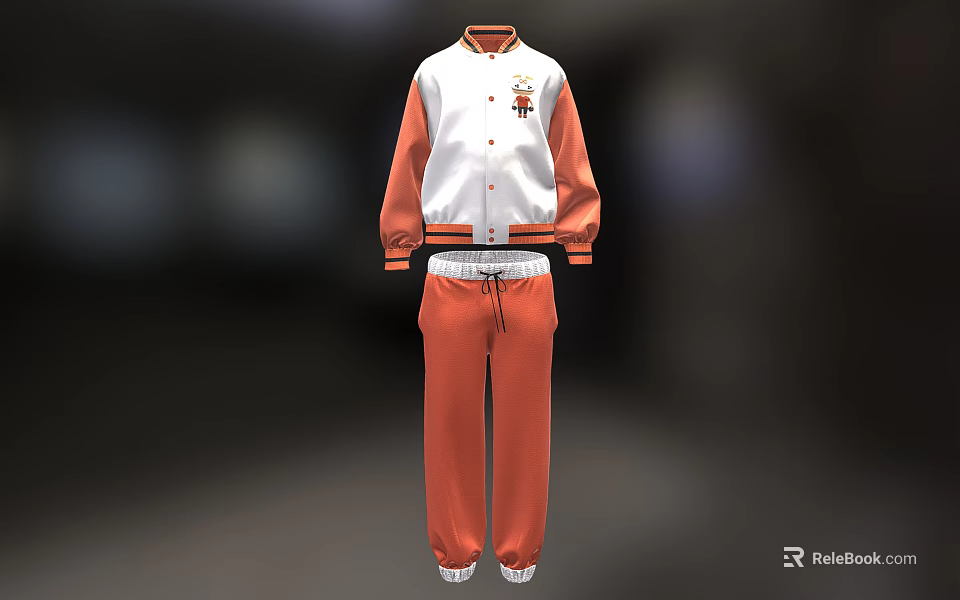 Stylish White Orange Two Tone Baseball Jacket And Track Pants Set With Small Emblem 3d model 