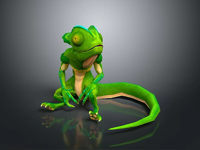 Green Chameleon 3D Character Model Sitting With Long Tail On Smooth Reflective Surface 3d model