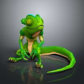 Green Chameleon 3D Character Model Sitting With Long Tail On Smooth Reflective Surface 3d model