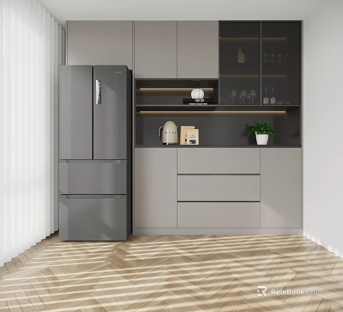 Modern Gray Wine Cabinet In Kitchen With Storage Shelves And Decorative Items 3d model 