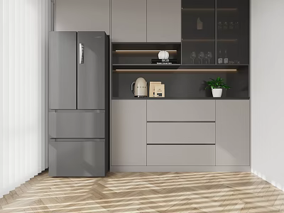 Modern Gray Wine Cabinet In Kitchen With Storage Shelves And Decorative Items 3d model