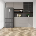 Modern Gray Wine Cabinet In Kitchen With Storage Shelves And Decorative Items