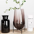 Modern Bathroom Accessories On Shelves With Bottles Jars And Towels