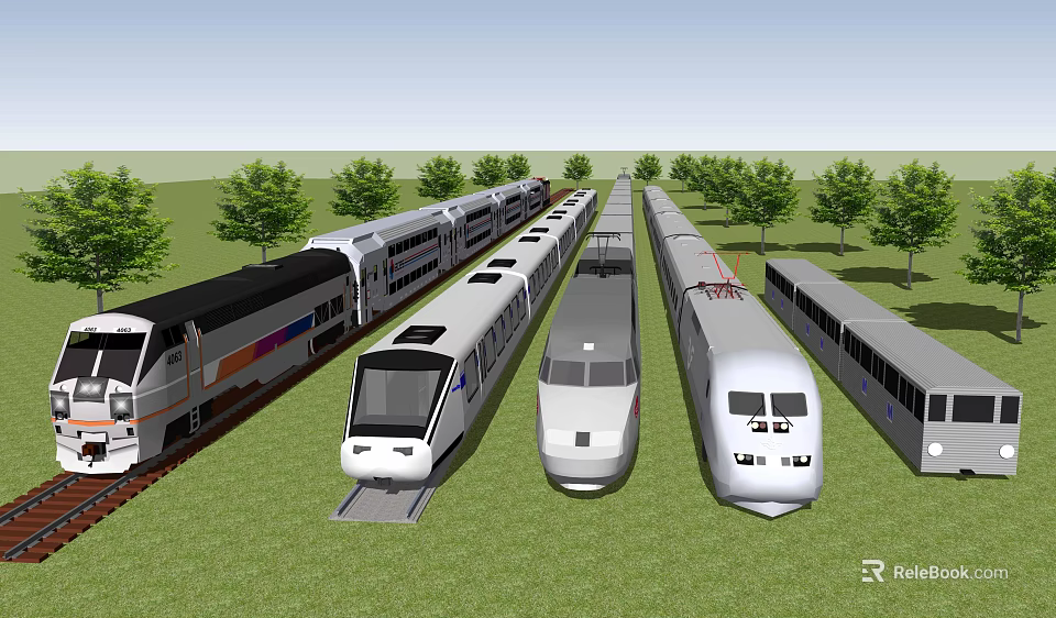 Various Types of Trains Displayed on Green Grass Field With Trees 3d model 