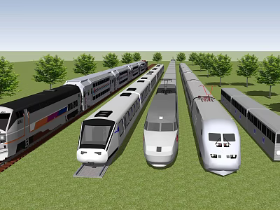 Various Types of Trains Displayed on Green Grass Field With Trees 3d model