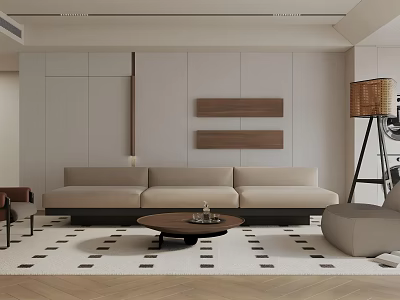 Modern Living Room Interior Design With Beige Sofa Geometric Rug Wooden Decor And Floor Lamp 3d model