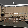 Traditional Chinese Teahouse Interior With Wooden Tables Chairs Display Shelves Tea Sets And Green Plants