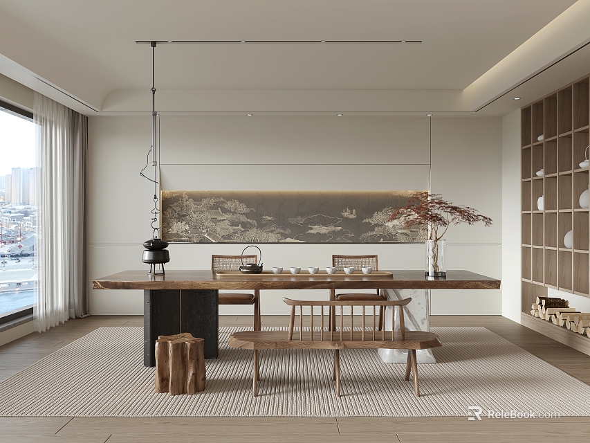 Contemporary Tea Room Interior With Long Wooden Tea Table And Landscape Wall Art 3d model 