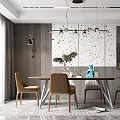 Modern Dining Table Set With Chairs Hanging Lights And Patterned Wall Interior 3d model