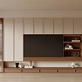Modern Light Luxury TV Wall Design With White Wooden Cabinets And Decorative Ornaments