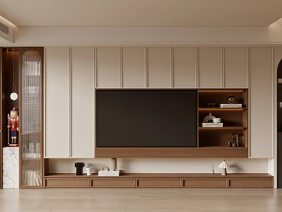 Modern Light Luxury TV Wall Design With White Wooden Cabinets And Decorative Ornaments 3d model