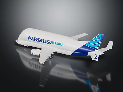 Airbus Beluga Aircraft Model In White And Blue With Tail Number 2 On Shiny Surface 3d model