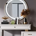 White Dressing Table With Round Illuminated Mirror Stool And Drawer Cabinet On Grey Wall