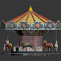 Vintage Carousel Structure With Red Yellow Striped Roof Decorative Railings And Colorful Horses