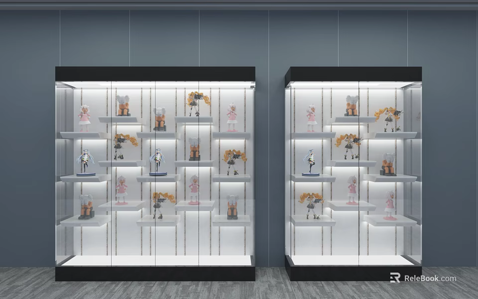 Toy Collectibles Store Featuring Two Glass Display Cases With Multiple Shelves And Diverse Figures 3d model 