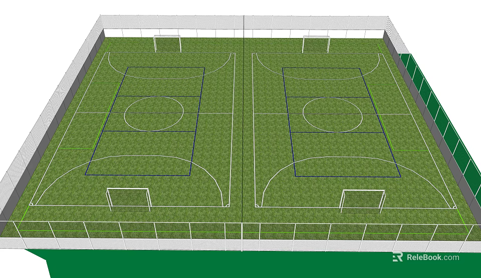 Two Full Size Football Fields Featuring Green Turf Fenced Perimeter and Marked Goal Lines 3d model 
