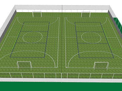 Two Full Size Football Fields Featuring Green Turf Fenced Perimeter and Marked Goal Lines 3d model