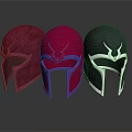 Three Metallic Helmets In Crimson Red And Black With Ornate Designs