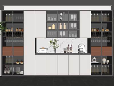 Modern Home Wine Cabinet With Glass Doors Wine Bottles And Marble Countertop 3d model
