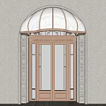 White Striped Arched Awning With Golden Trim Over Stone Building Double Glass Entry Door