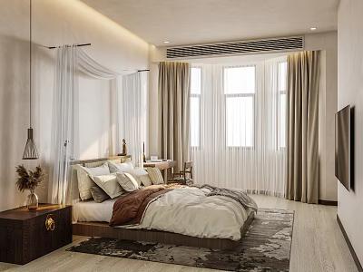 Modern Elegant Bedroom Interior With Canopy Curtains Large Windows Plush Pillows And Wooden Flooring 3d model