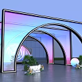 Event Entrance Featuring Arched Structure Purple And Blue Gradient Lighting Green Plants And Decorative Balls