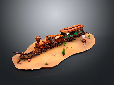 Vintage Steam Train Model In Desert Landscape With Cacti Small Plants And Tracks 3d model