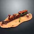 Vintage Steam Train Model In Desert Landscape With Cacti Small Plants And Tracks
