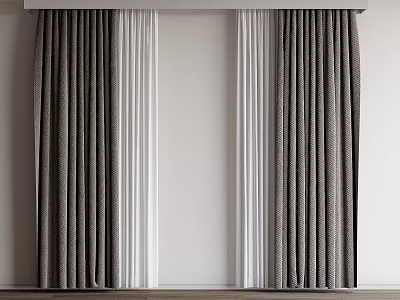 Gray and White Layered Curtains With Textured Design Hanging By Window 3d model