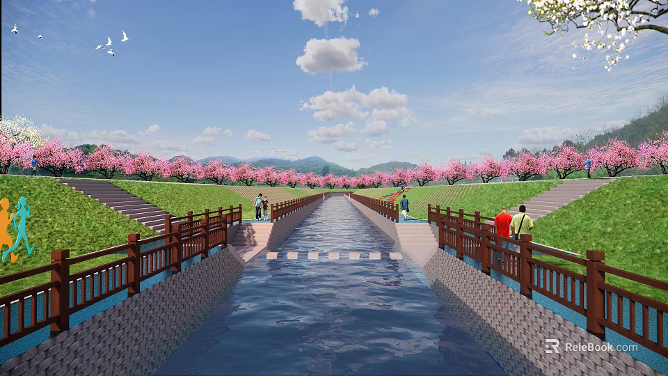 Scenic Garden Landscape with Water Channel Wooden Railings and Pink Flowering Trees 3d model 