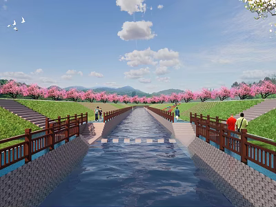 Scenic Garden Landscape with Water Channel Wooden Railings and Pink Flowering Trees 3d model