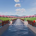 Scenic Garden Landscape with Water Channel Wooden Railings and Pink Flowering Trees
