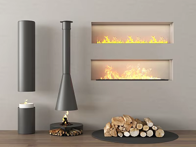 Modern Interior With Built In And Freestanding Fireplaces Flames And Stacked Firewood 3d model