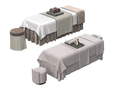 Spa Massage Tables With Beige White Linen Covers Towels And Accompanying Stools 3d model