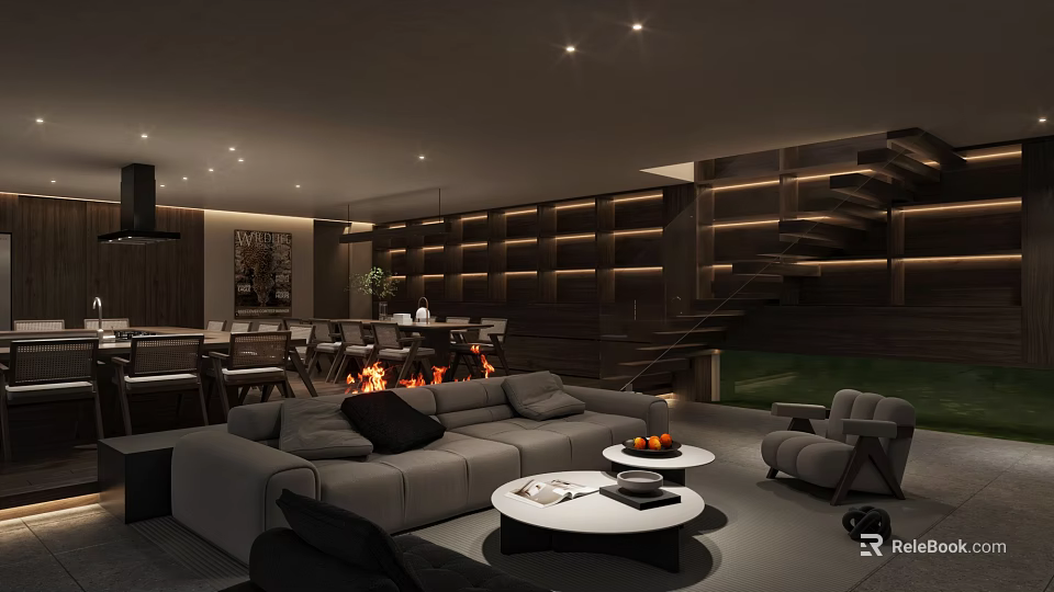 Modern Dining and Living Room Interior With Sofa Fireplace And Built in Bookshelves 3d model 
