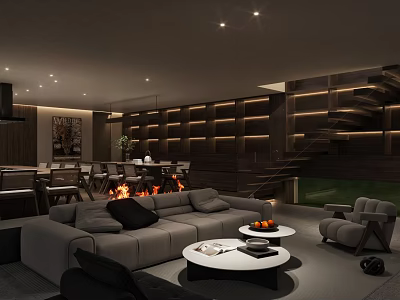 Modern Dining and Living Room Interior With Sofa Fireplace And Built in Bookshelves 3d model