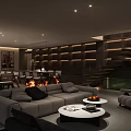 Modern Dining and Living Room Interior With Sofa Fireplace And Built in Bookshelves