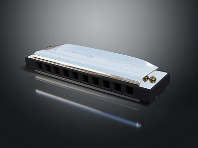 Cartoon Scene Featuring Silver Harmonica On Black Base With Reflective Surface And Dark Background 3d model