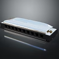 Cartoon Scene Featuring Silver Harmonica On Black Base With Reflective Surface And Dark Background