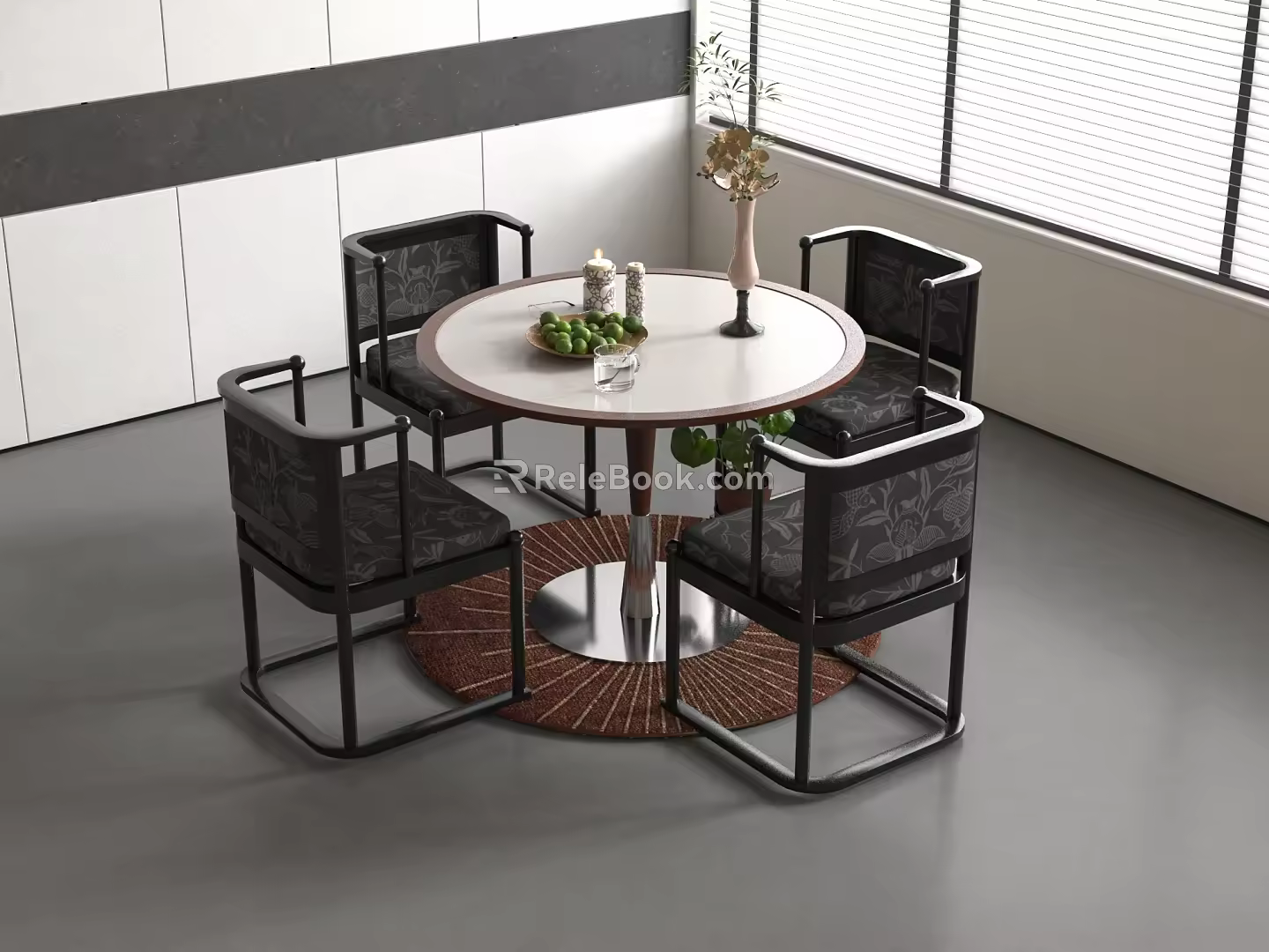 Middle Ancient Dining Table Middle Ancient Style Table and Chair Combination Ornaments Combination Sideboard with Plants 3d model