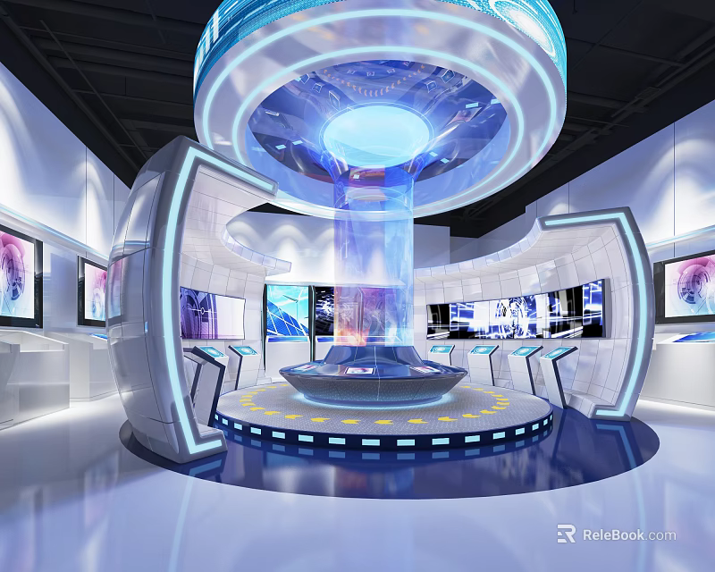 Hi Tech Exhibition Hall Interior Featuring Central Display Stand Digital Screens And Modern Lighting 3d model 