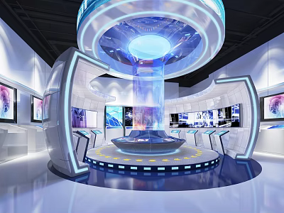 Hi Tech Exhibition Hall Interior Featuring Central Display Stand Digital Screens And Modern Lighting 3d model
